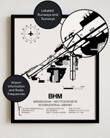 Framed Detailed Airport Map of Birmingham-Shuttlesworth International Airport (BHM) in White with a Black Frame