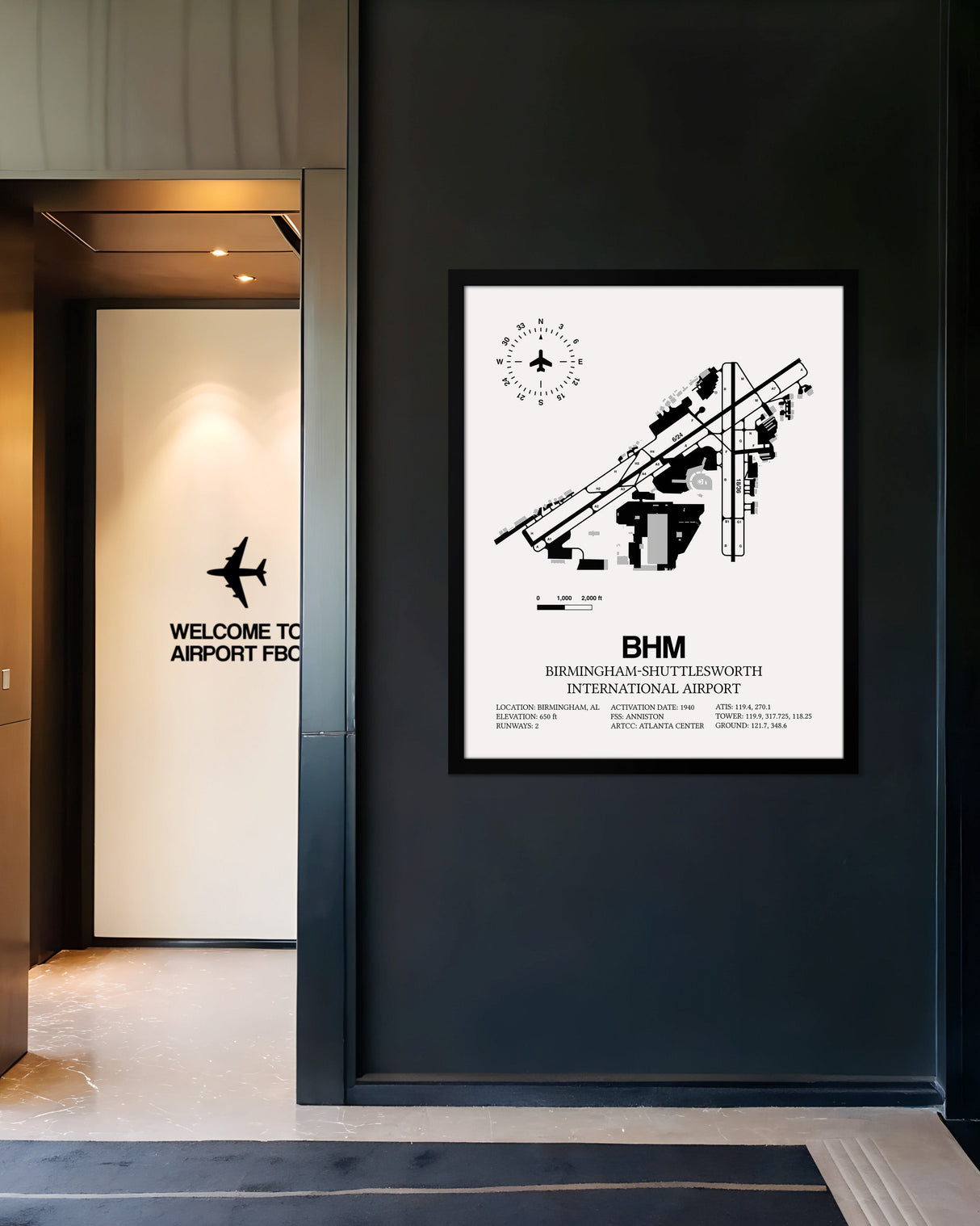 Framed Detailed Airport Map of Birmingham-Shuttlesworth International Airport (BHM) in White with a Black Frame