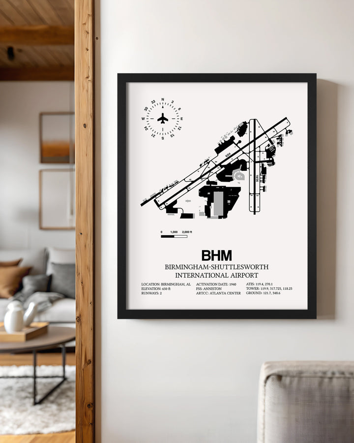 Framed Detailed Airport Map of Birmingham-Shuttlesworth International Airport (BHM) in White with a Black Frame