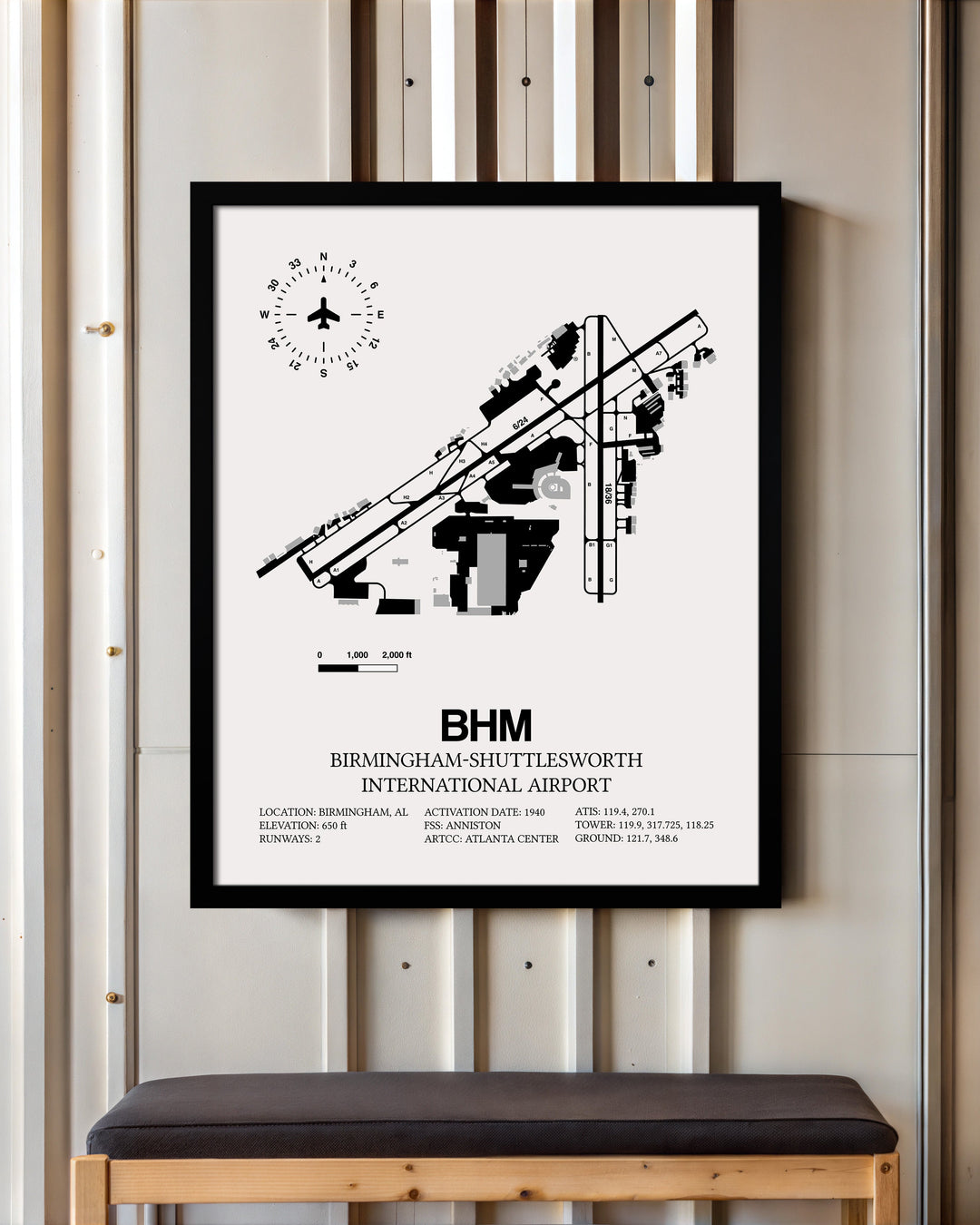 Framed Detailed Airport Map of Birmingham-Shuttlesworth International Airport (BHM) in White with a Black Frame