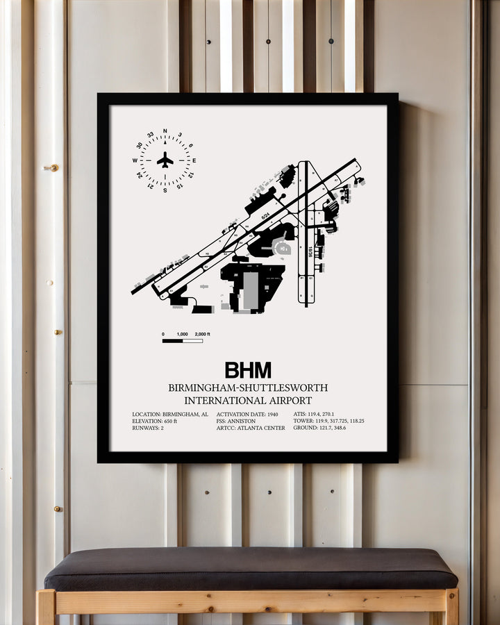 Framed Detailed Airport Map of Birmingham-Shuttlesworth International Airport (BHM) in White with a Black Frame