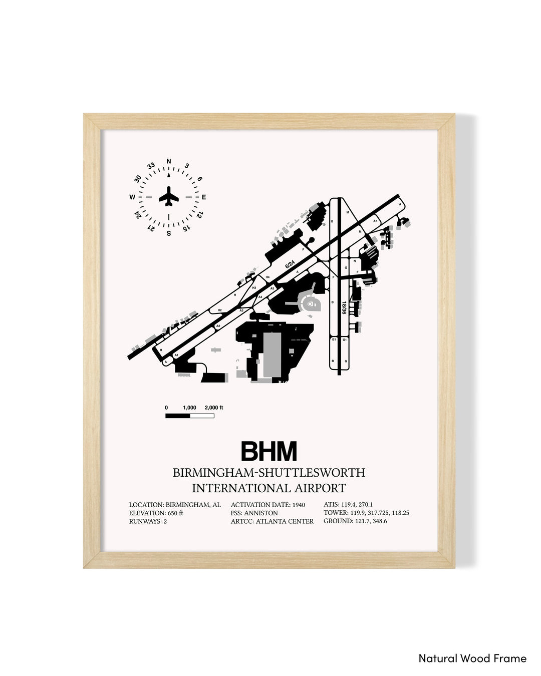 Detailed Airport Map of Birmingham-Shuttlesworth International Airport (BHM) in White with a Natural Frame