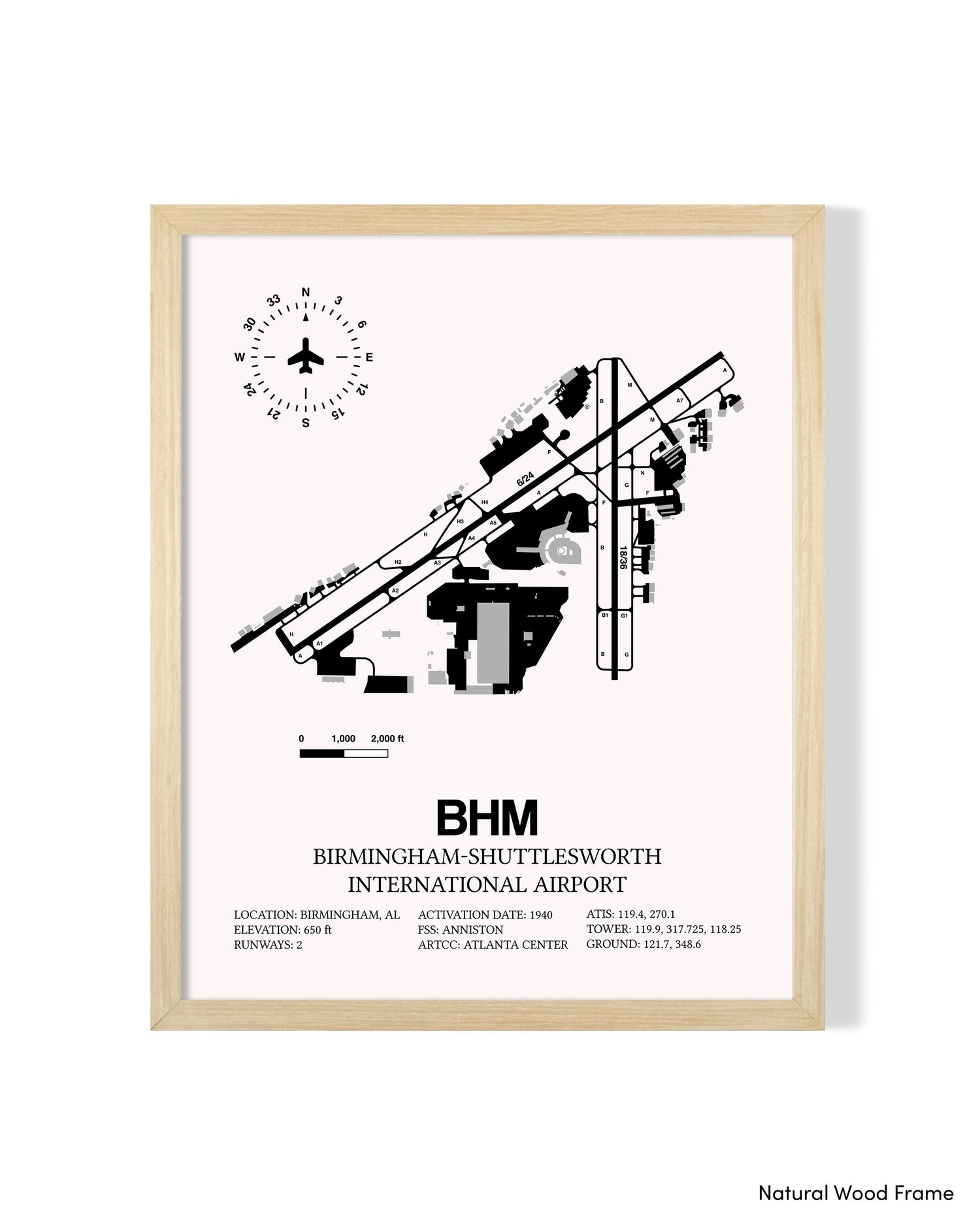 Detailed Airport Map of Birmingham-Shuttlesworth International Airport (BHM) in White with a Natural Frame