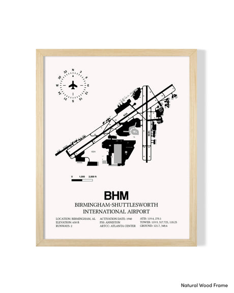 Detailed Airport Map of Birmingham-Shuttlesworth International Airport (BHM) in White with a Natural Frame