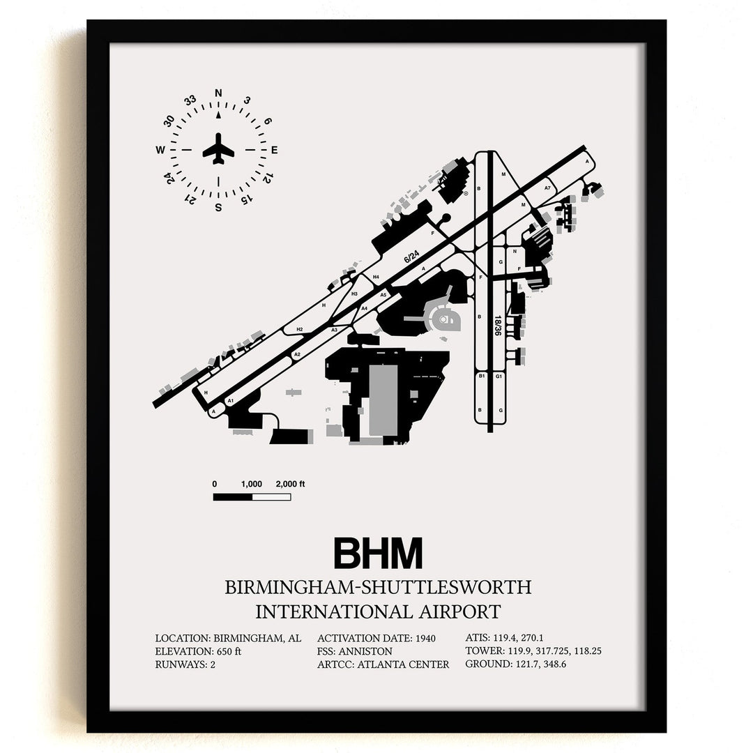 Framed Detailed Airport Map of Birmingham-Shuttlesworth International Airport (BHM) in White with a Black Frame