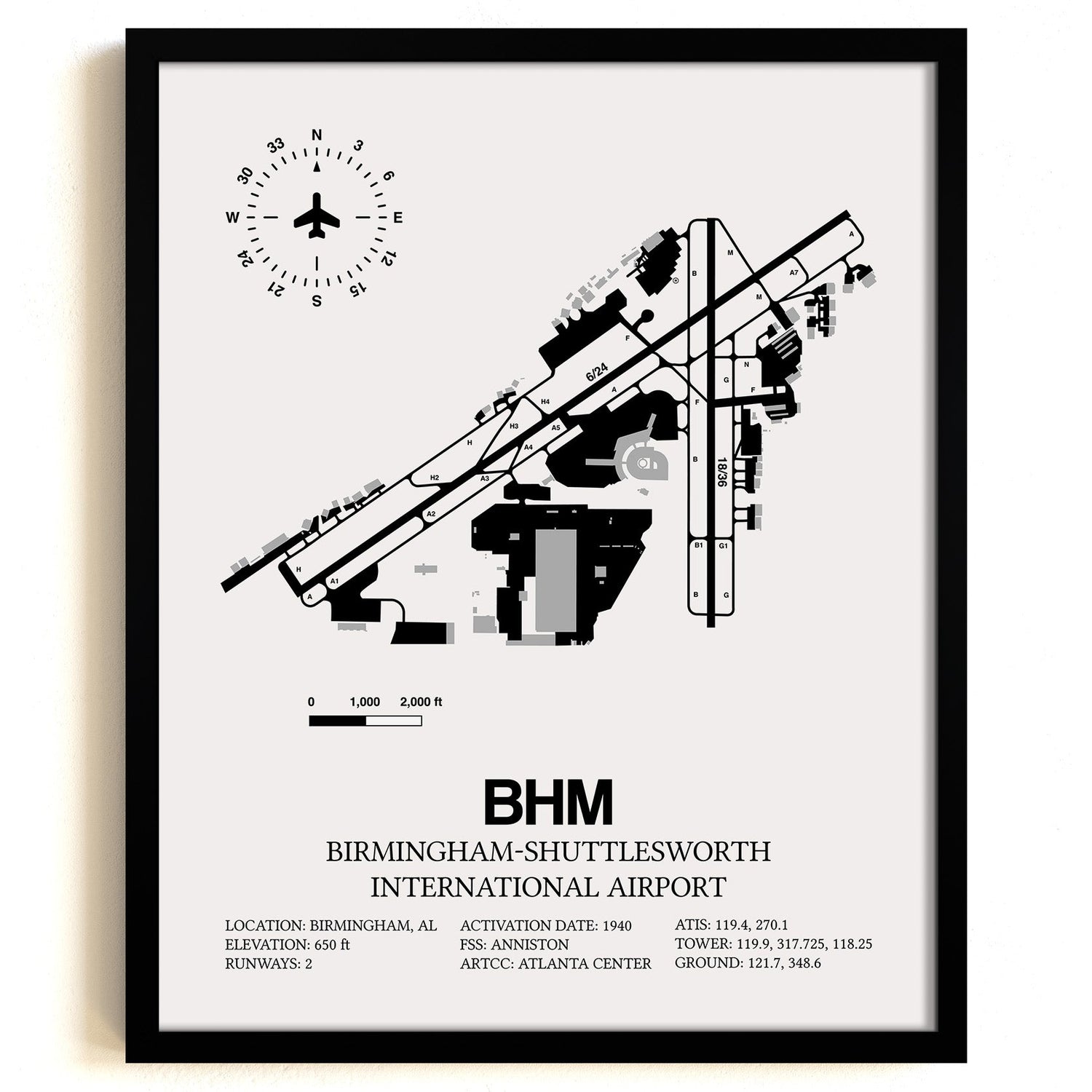 Framed Detailed Airport Map of Birmingham-Shuttlesworth International Airport (BHM) in White with a Black Frame