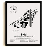 Framed Detailed Airport Map of Birmingham-Shuttlesworth International Airport (BHM) in White with a Black Frame
