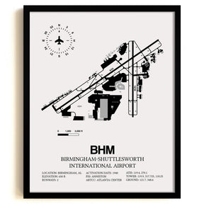 Framed Detailed Airport Map of Birmingham-Shuttlesworth International Airport (BHM) in White with a Black Frame