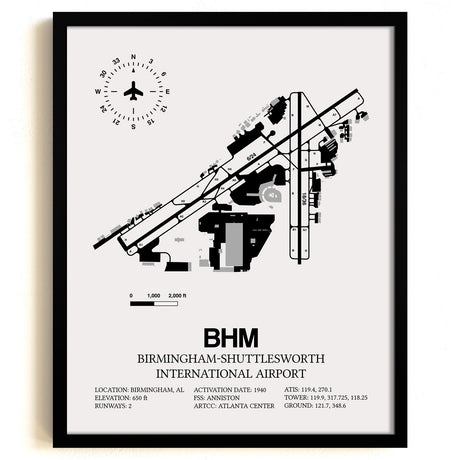 Framed Detailed Airport Map of Birmingham-Shuttlesworth International Airport (BHM) in White with a Black Frame