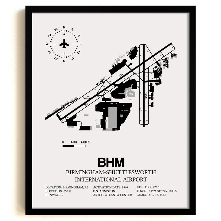 Framed Detailed Airport Map of Birmingham-Shuttlesworth International Airport (BHM) in White with a Black Frame