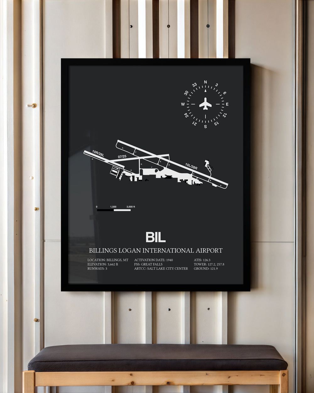 Framed Detailed Airport Map of Billings Logan International Airport (BIL) in Gray with a Black Frame