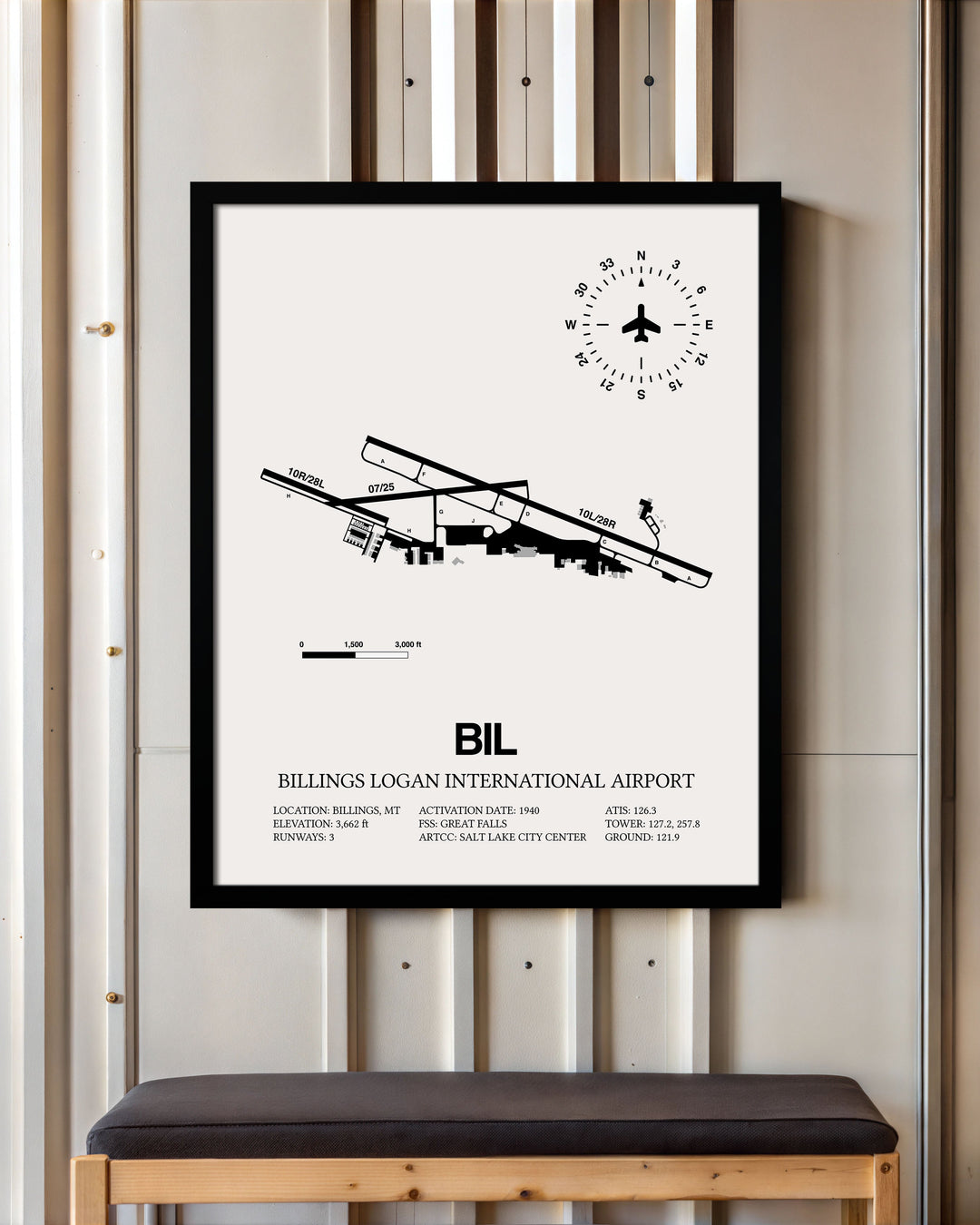 Framed Detailed Airport Map of Billings Logan International Airport (BIL) in White with a Black Frame
