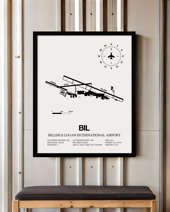 Framed Detailed Airport Map of Billings Logan International Airport (BIL) in White with a Black Frame