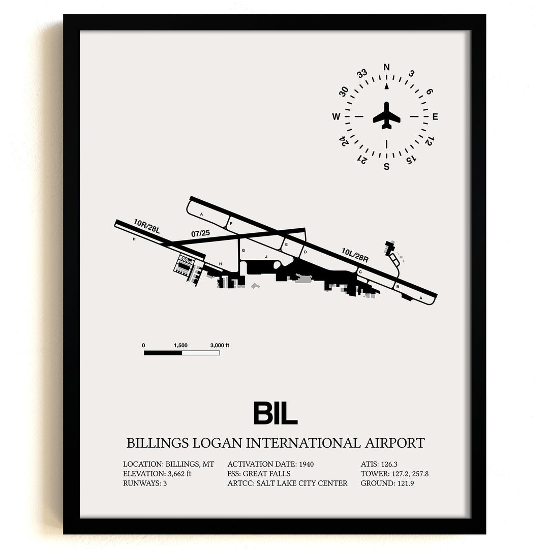 Framed Detailed Airport Map of Billings Logan International Airport (BIL) in White with a Black Frame