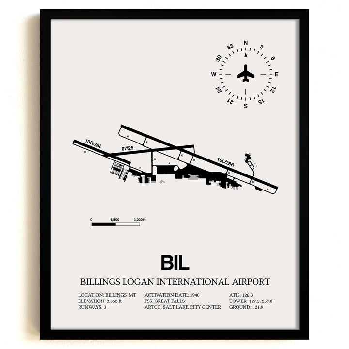 Framed Detailed Airport Map of Billings Logan International Airport (BIL) in White with a Black Frame