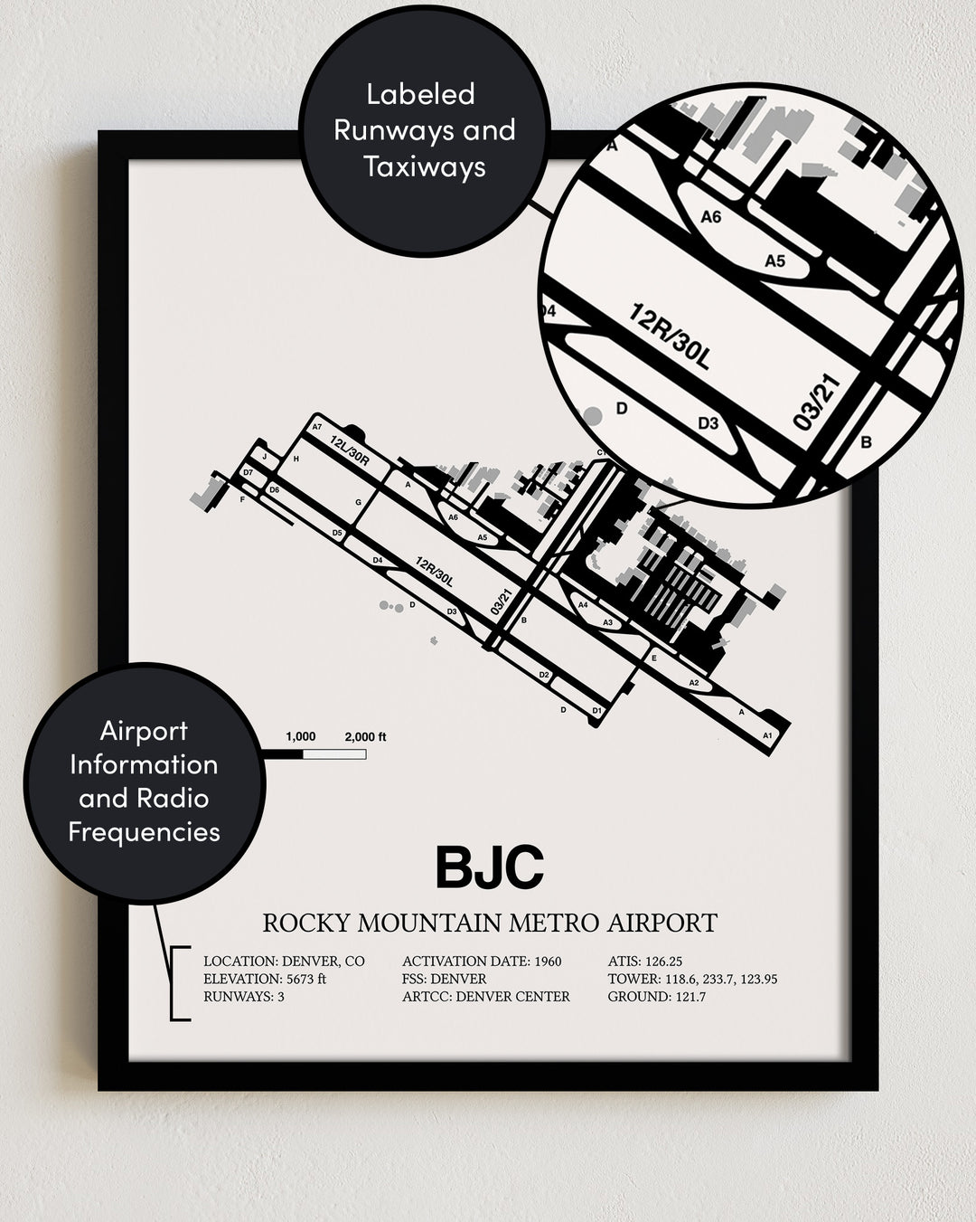 Framed Detailed Airport Map of Rocky Mountain Metro Airport (BJC) in White with a Black Frame