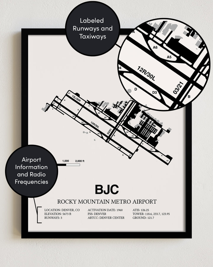Framed Detailed Airport Map of Rocky Mountain Metro Airport (BJC) in White with a Black Frame