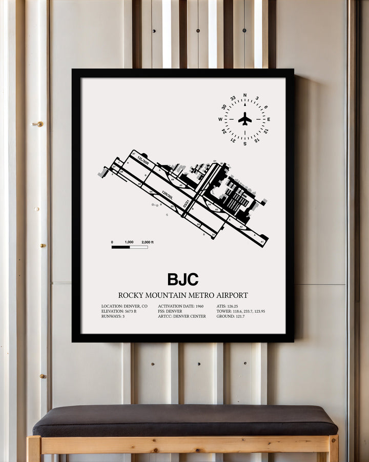 Framed Detailed Airport Map of Rocky Mountain Metro Airport (BJC) in White with a Black Frame