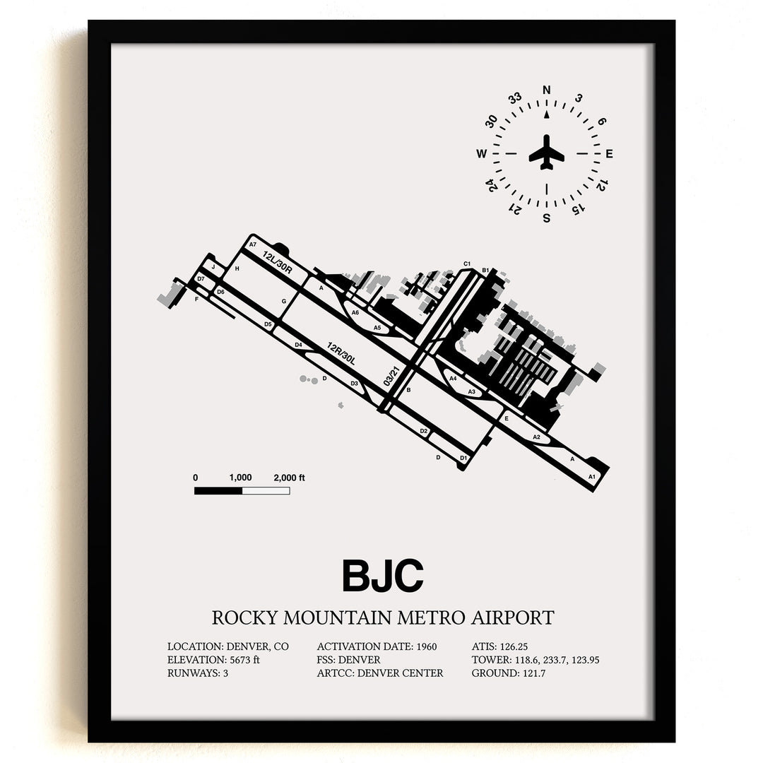 Framed Detailed Airport Map of Rocky Mountain Metro Airport (BJC) in White with a Black Frame