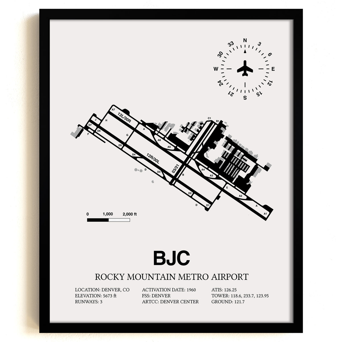 Framed Detailed Airport Map of Rocky Mountain Metro Airport (BJC) in White with a Black Frame