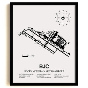 Framed Detailed Airport Map of Rocky Mountain Metro Airport (BJC) in White with a Black Frame
