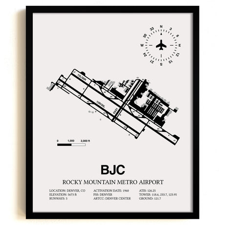 Framed Detailed Airport Map of Rocky Mountain Metro Airport (BJC) in White with a Black Frame