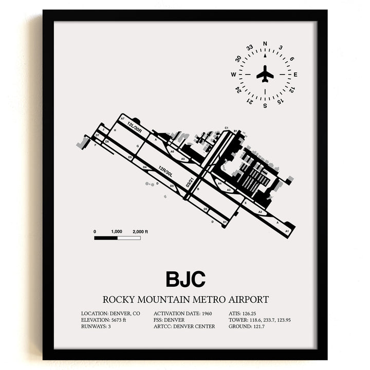 Framed Detailed Airport Map of Rocky Mountain Metro Airport (BJC) in White with a Black Frame