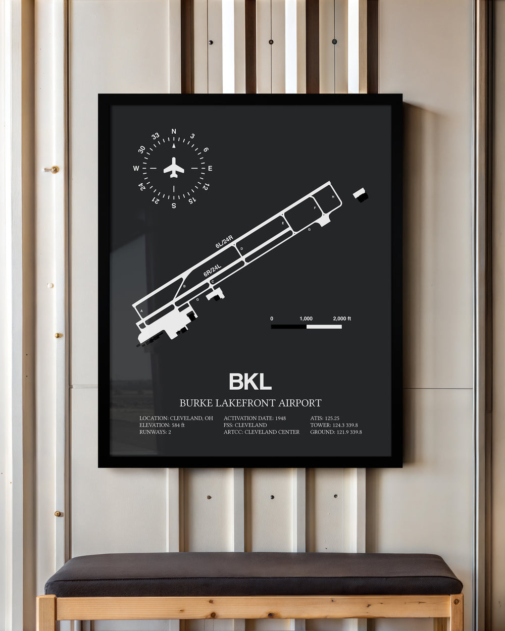 Framed Detailed Airport Map of Burke Lakefront Airport (BKL) in Gray with a Black Frame