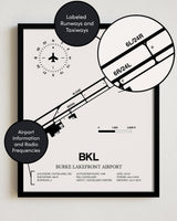 Framed Detailed Airport Map of Burke Lakefront Airport (BKL) in White with a Black Frame
