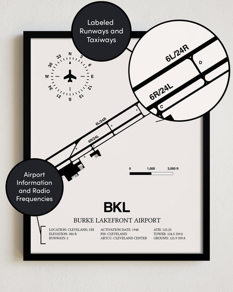 Framed Detailed Airport Map of Burke Lakefront Airport (BKL) in White with a Black Frame