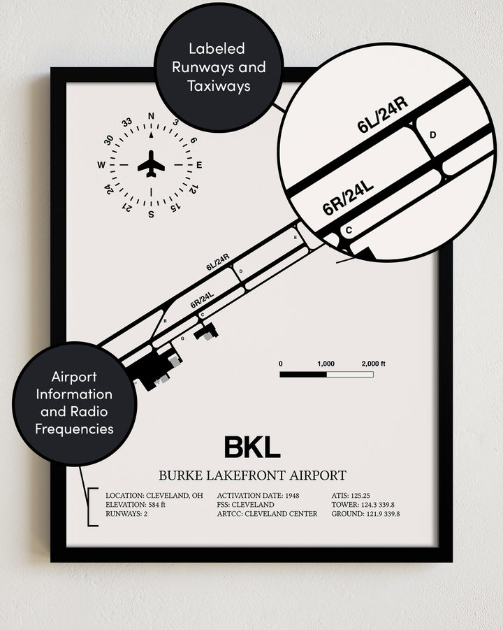 Framed Detailed Airport Map of Burke Lakefront Airport (BKL) in White with a Black Frame
