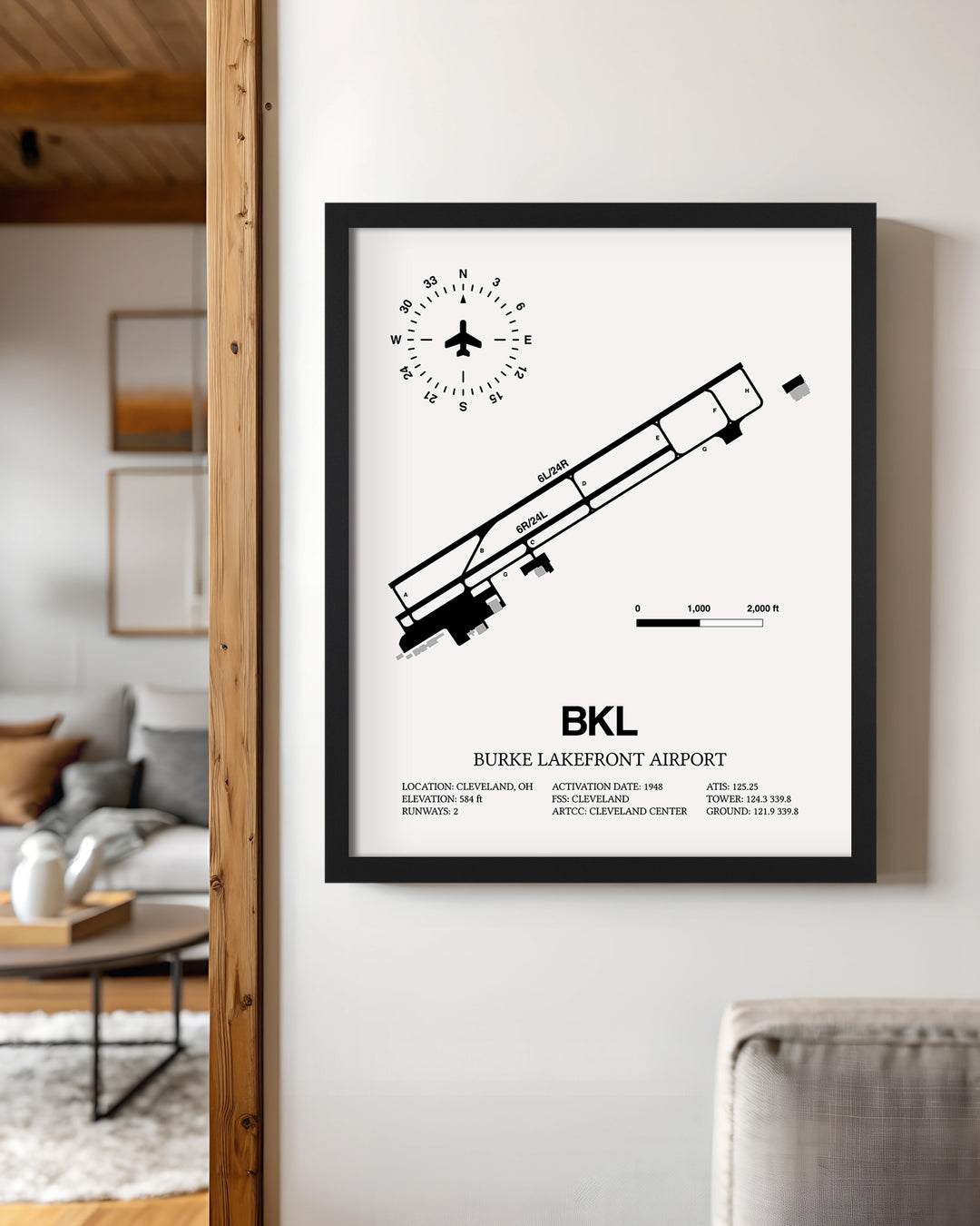 Framed Detailed Airport Map of Burke Lakefront Airport (BKL) in White with a Black Frame