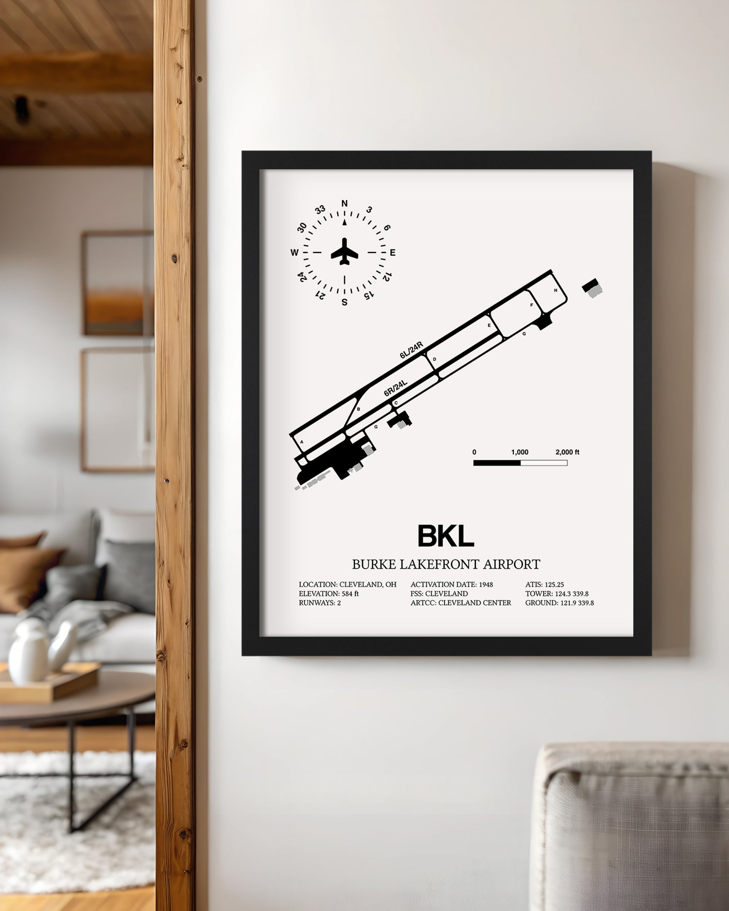 Framed Detailed Airport Map of Burke Lakefront Airport (BKL) in White with a Black Frame