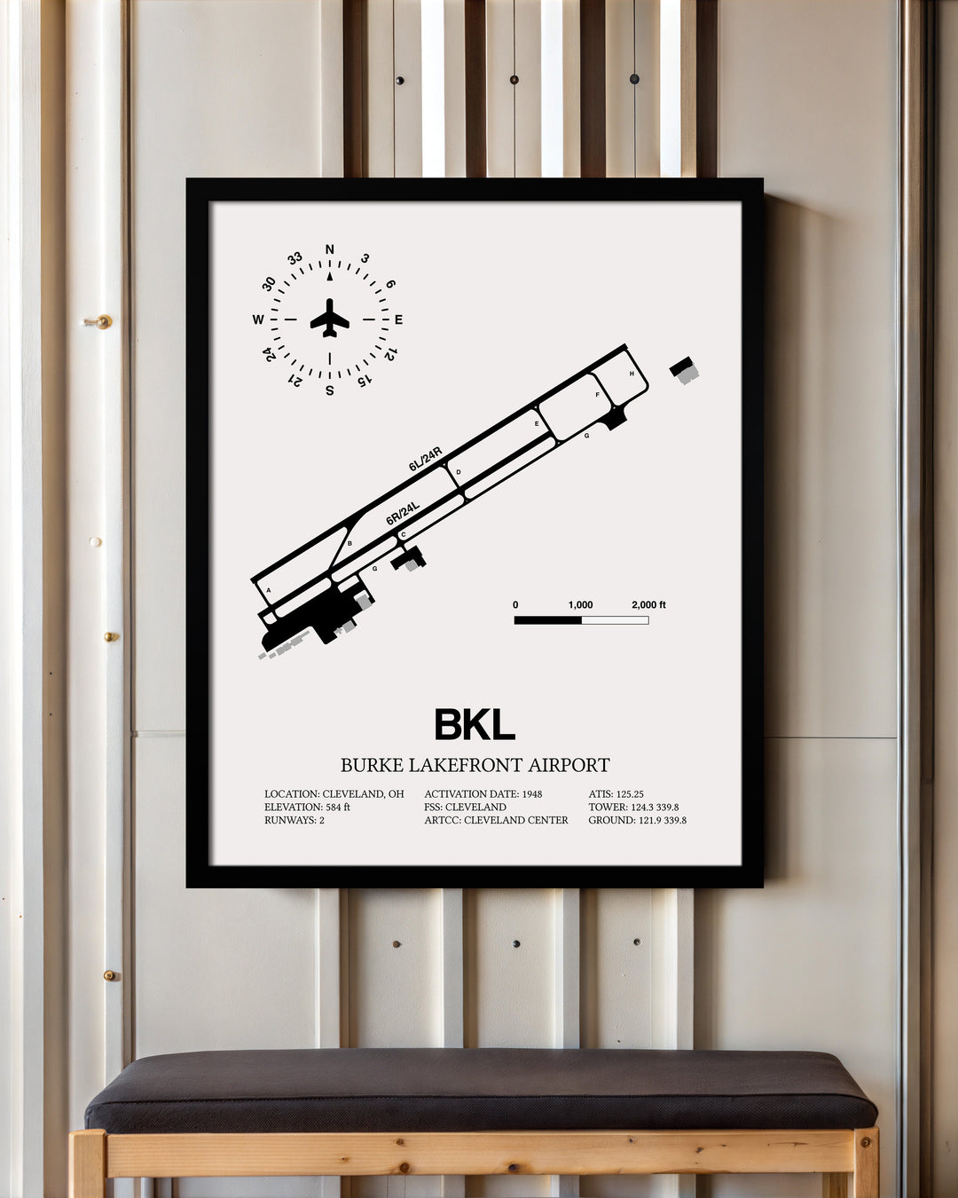 Framed Detailed Airport Map of Burke Lakefront Airport (BKL) in White with a Black Frame