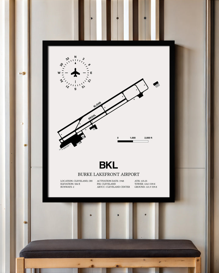 Framed Detailed Airport Map of Burke Lakefront Airport (BKL) in White with a Black Frame