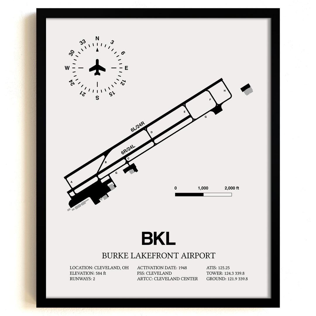 Framed Detailed Airport Map of Burke Lakefront Airport (BKL) in White with a Black Frame