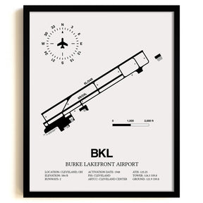 Framed Detailed Airport Map of Burke Lakefront Airport (BKL) in White with a Black Frame