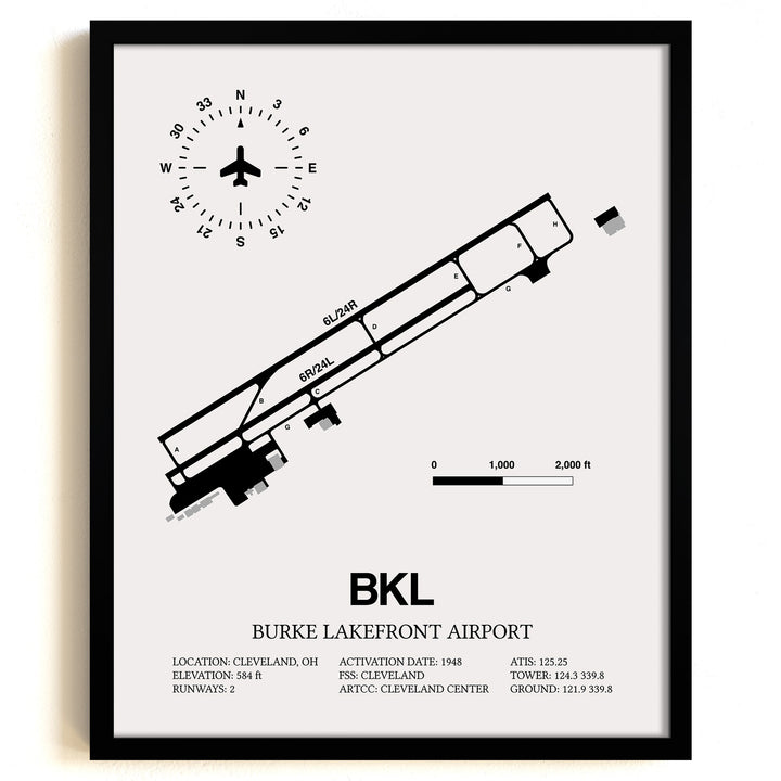 Framed Detailed Airport Map of Burke Lakefront Airport (BKL) in White with a Black Frame