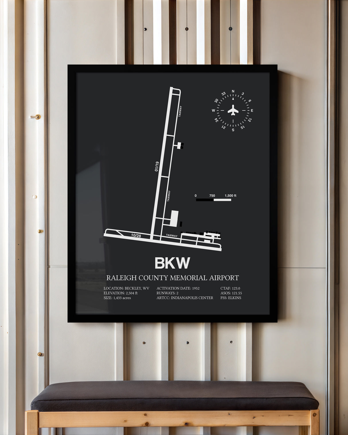 Framed Detailed Airport Map of Raleigh County Memorial Airport (BKW) in Gray with a Black Frame
