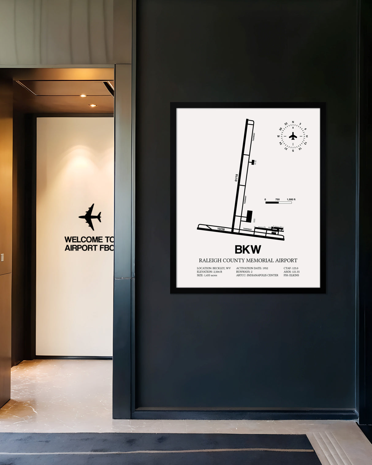 Framed Detailed Airport Map of Raleigh County Memorial Airport (BKW) in White with a Black Frame