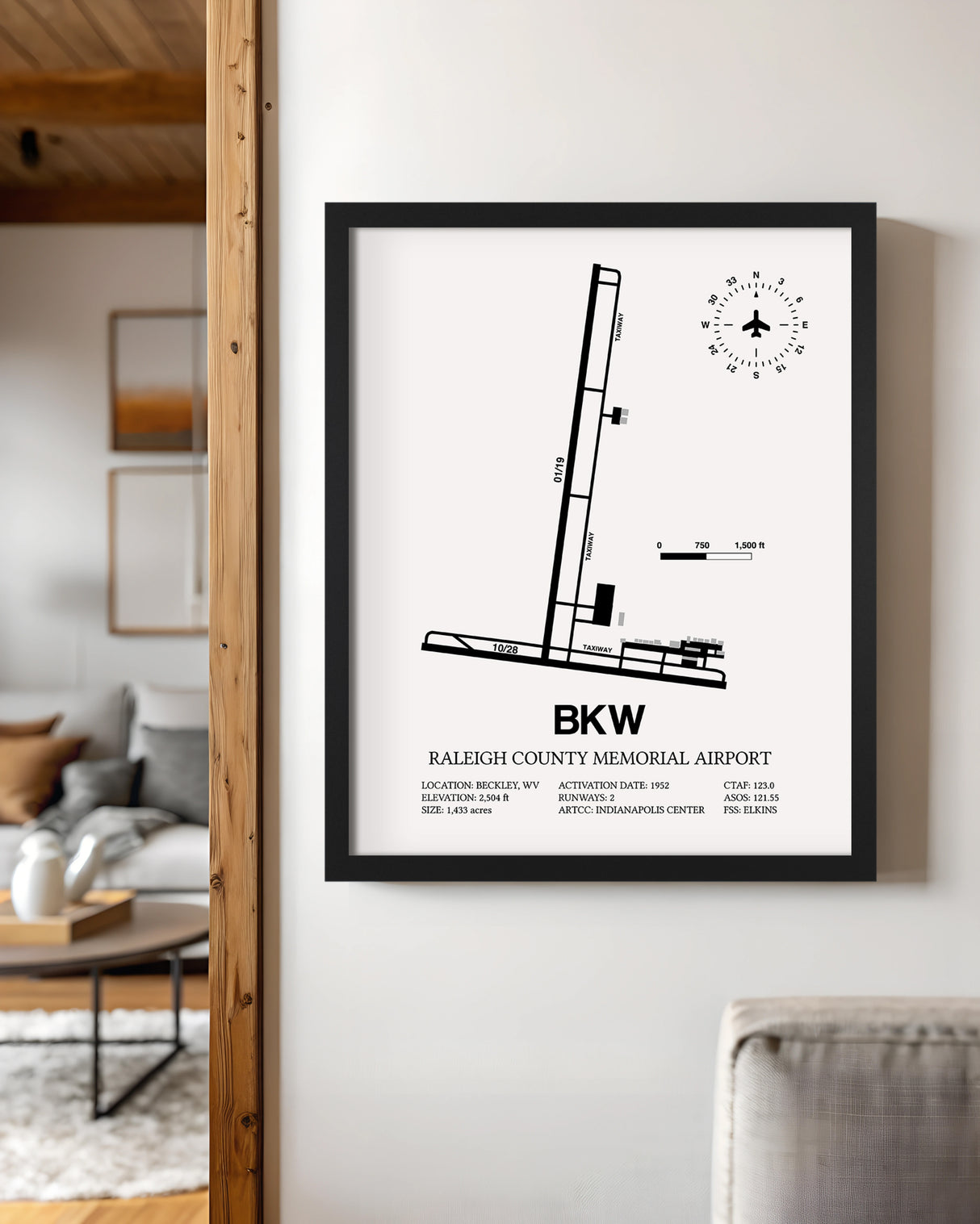 Framed Detailed Airport Map of Raleigh County Memorial Airport (BKW) in White with a Black Frame