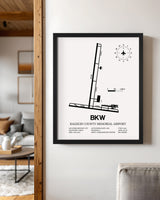 Framed Detailed Airport Map of Raleigh County Memorial Airport (BKW) in White with a Black Frame