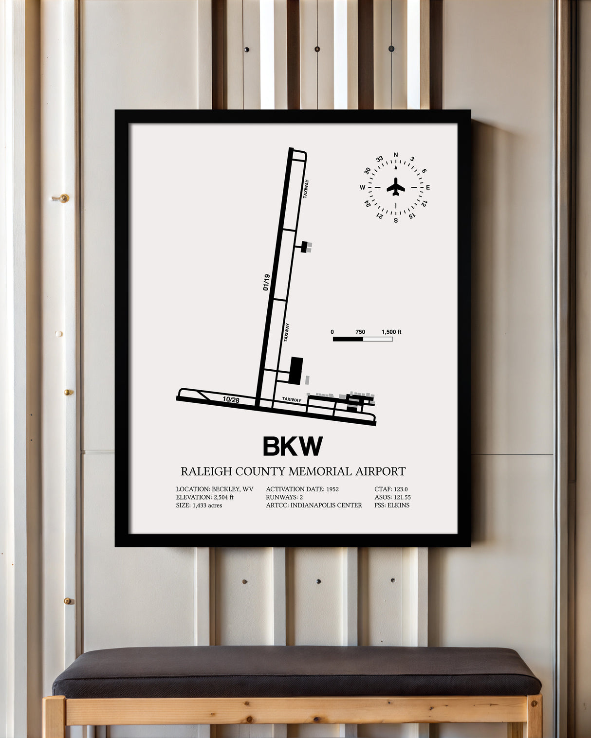 Framed Detailed Airport Map of Raleigh County Memorial Airport (BKW) in White with a Black Frame