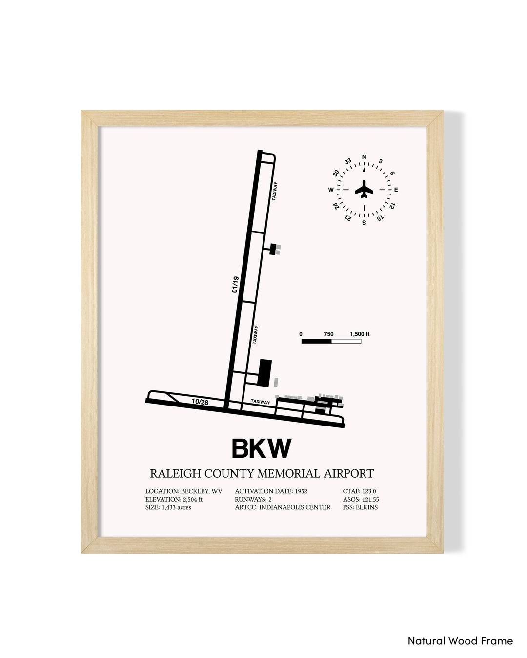Detailed Airport Map of Raleigh County Memorial Airport (BKW) in White with a Natural Frame