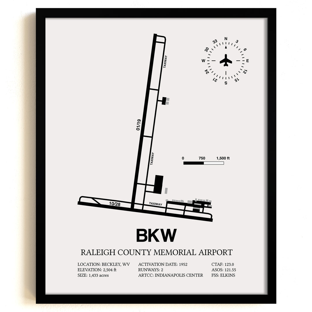 Framed Detailed Airport Map of Raleigh County Memorial Airport (BKW) in White with a Black Frame