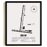 Framed Detailed Airport Map of Raleigh County Memorial Airport (BKW) in White with a Black Frame