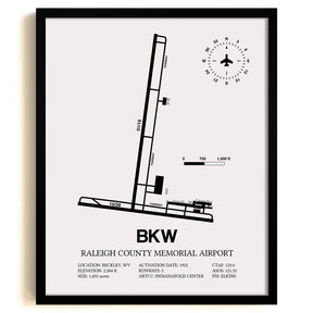 Framed Detailed Airport Map of Raleigh County Memorial Airport (BKW) in White with a Black Frame