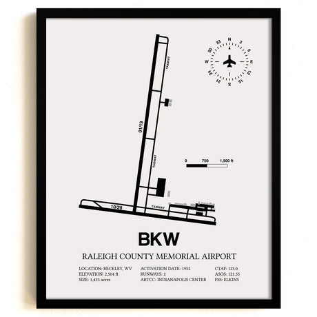 Framed Detailed Airport Map of Raleigh County Memorial Airport (BKW) in White with a Black Frame
