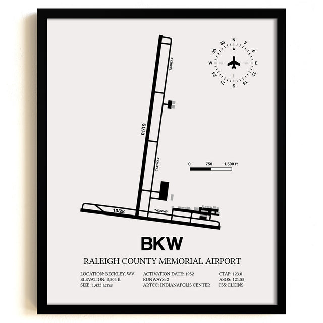 Framed Detailed Airport Map of Raleigh County Memorial Airport (BKW) in White with a Black Frame