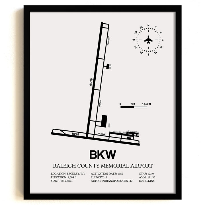 Framed Detailed Airport Map of Raleigh County Memorial Airport (BKW) in White with a Black Frame